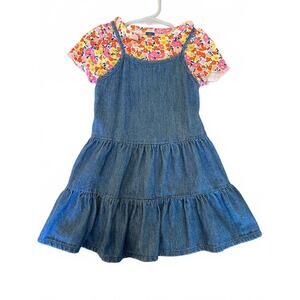 Old Navy Denim Tiered Overall Dress w/ Short Sleeve Floral Top Set (2T)